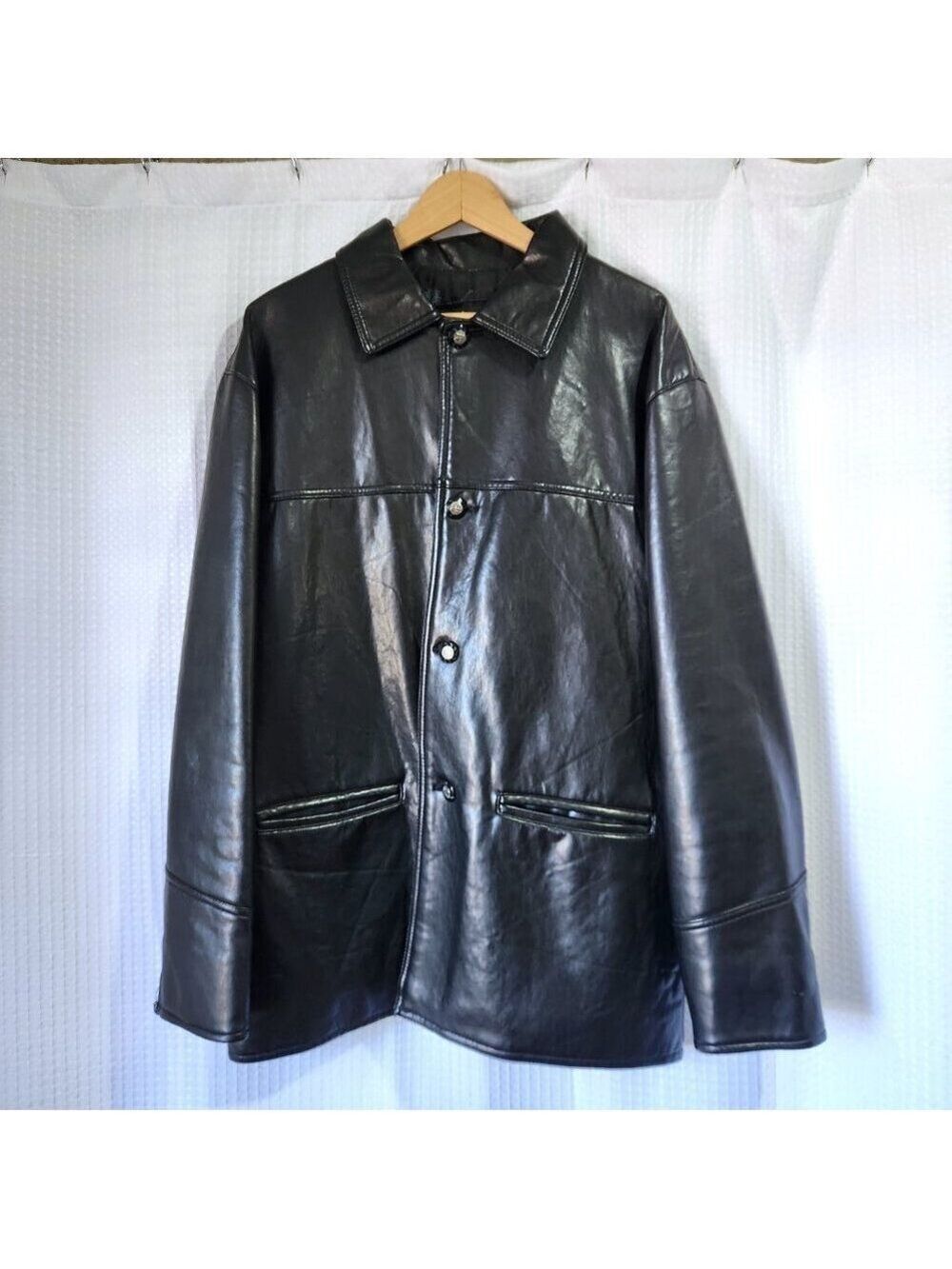Men’s Faux Leather Coat Black Lined Jacket Hip Length Hand‑Made Italy GV Est- LG